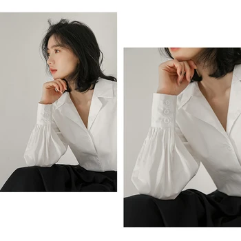 Moterų Marškinėliai Korėjos Prarasti Rudenį Balta Palaidinė Medvilnės Derliaus Žibintų Rankovėmis Marškinėliai Office Lady Kostiumas Apykaklės Viršūnes Drabužių 15707