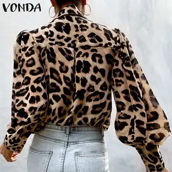 Rudenį Leopardas Spausdinti Marškinėliai VONDA 2021 Moterų Stilingas Žibintų Rankovės Turn-žemyn Apykaklės Mygtuką Iki Palaidinė OLIS Office Elegantiškas Viršūnės