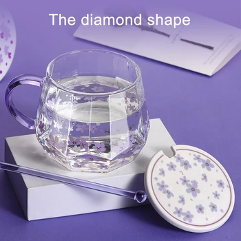 1PC Sakura Stiklo Taurės Diamond Arbatos Puodelio Su Maišant Stick Puodelio Dangtelis Kavos Puodelio Pieno Stiklines Geriamojo Vandens Virtuvė Gėlių Taurės Dovana