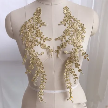 2Pairs Aukso Lapų Nėrinių Gėlių Aplikacijos, Vestuvių Suknelė 