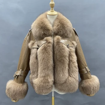 Nauji Žieminiai Natūralios Odos Striukė Su Kailiu Moterų 2021 M. Didmeninės Mados Trumpas Realus Fox Fur Coat Bombonešis Prabanga Didelis Dydis Užsakymą