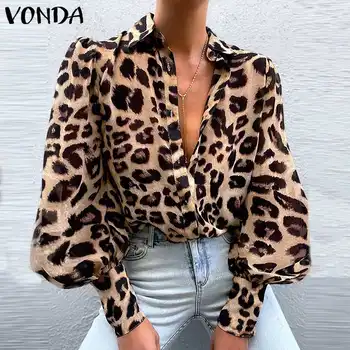 Moterų Office Marškinėliai 2021 VONDA Derliaus Leopard Palaidinė Žibintų Rankovės Turn-žemyn Apykaklės Mygtuką Iki Palaidinė Elegantiškas Šalis Viršūnes Femme