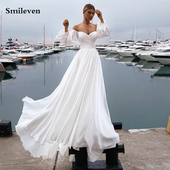 Smileven Šifono Paplūdimys Vestuvių Suknelės Sluoksniuotos Ilgomis Rankovėmis Nuotakos Suknelės Nuo Peties Boho Vestuvinės Suknelės Iki 2022 M. Sukurta Nauja