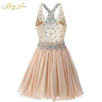 BeryLove Trumpas Šampano Homecoming Suknelė 2020 Mini Kristalų Iliuzija Liemenė V Dirželiai Trumpa Suknelė Mergina Šalies Prom Baigimo Suknelė