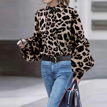 Elegantiškas Atvartas Leopard Marškinėliai Moterims Pavasario Rudens Mados Mygtuką, Laisvas Megztinis Viršūnes Naują Atsitiktinis Office Lady Žibintų Rankovėmis Palaidinė