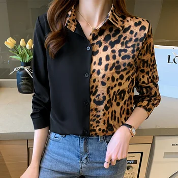 Europos Stilius, Leopardas spausdinimui Moterų ilgomis Rankovėmis Mygtuką Iki Dizaineris Marškinėliai Moterims Mados Rudens Šifono Palaidinės Plonas Mergaitės Viršų
