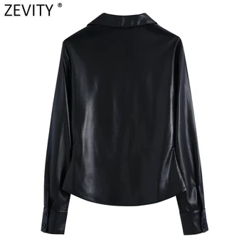Zevity 2021 Moterų Derliaus Viename Krūtinėmis Plisuotos Dizainas, Plonas Palaidinė Office Lady Black PU Odos, Marškiniai, Elegantiškos Blusas Viršūnes LS9743